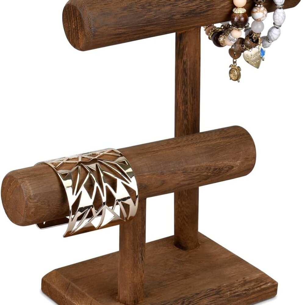 2 Tier Wooden Jewelry Bracelet Watch Display Tower, Bangle Scrunchie Necklace Ho